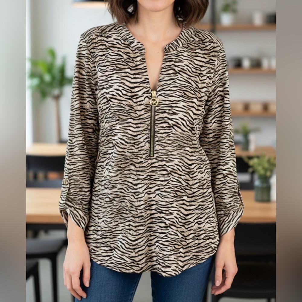MICHAEL Michael Kors Zebra Print Zip Front Roll Tab Sleeve Blouse Tunic Medium